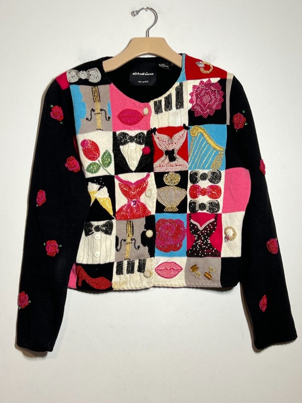 Michael Simon 90s VTG Beaded Novelty Celebration Colorblock Opera NYE Sweater L